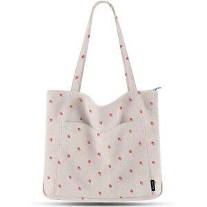 Women Strawberry Beige Corduroy Polyester Lining Large Shoulder Bag with Zipper